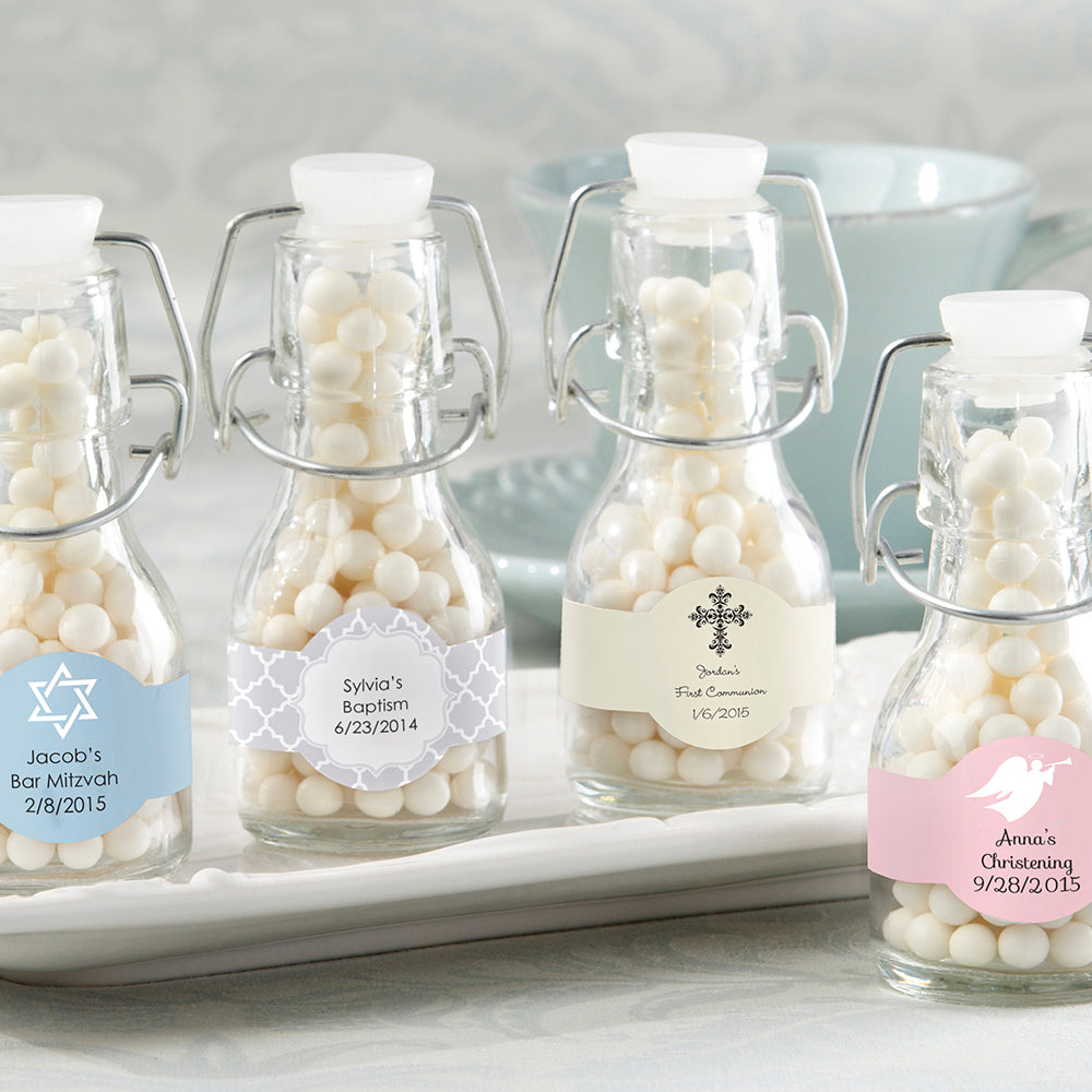 Personalized Religious Mini Glass Favor Bottle with Swing Top (Set of 12) - Main Image | My Wedding Favors