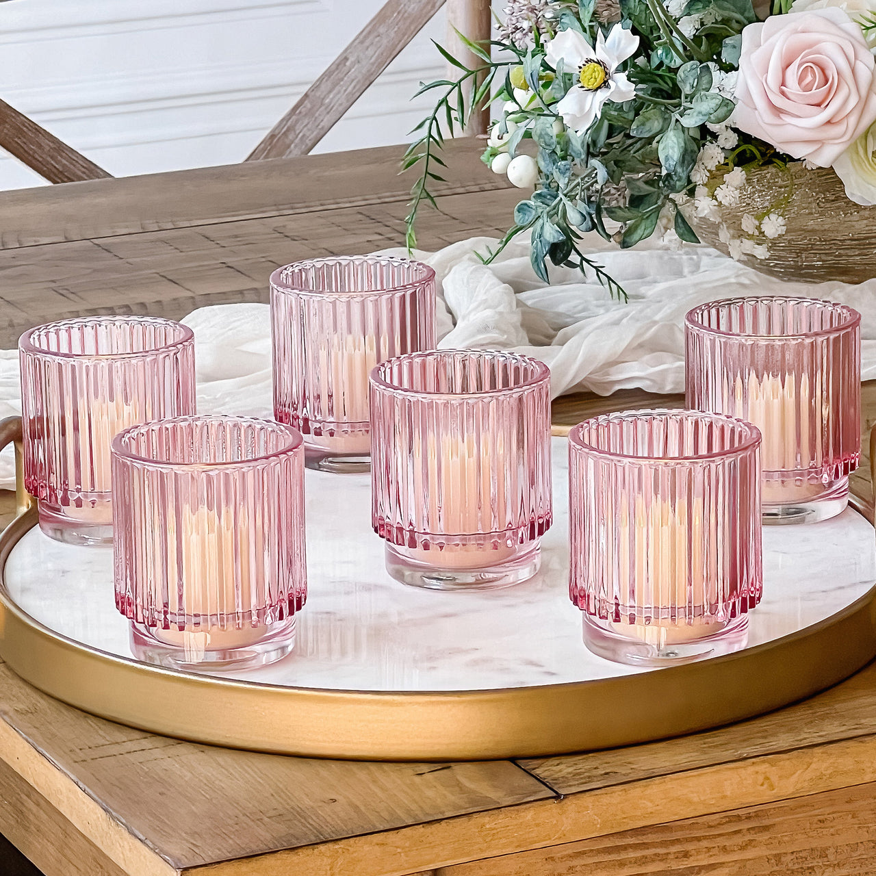 Ribbed Pink Glass Votive Candle Holder (Set of 6) - Main Image | My Wedding Favors