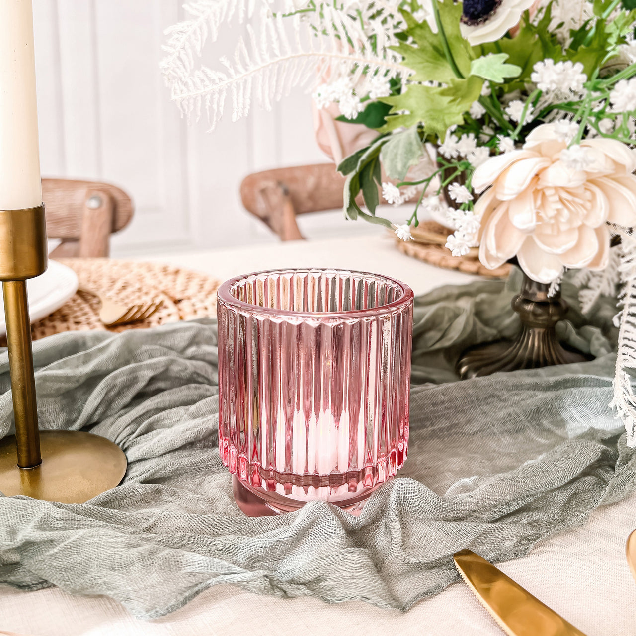 Ribbed Pink Glass Votive Candle Holder (Set of 6) - Alternate Image 3 | My Wedding Favors