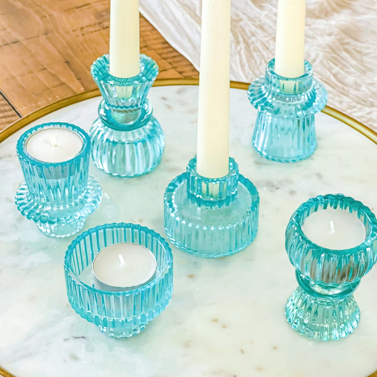 Vintage Ribbed Blue Glass Candle/Candlestick Holders Set of 6 - Assorted | Main Image, My Wedding Favors | Tealight/Votive Holder