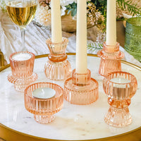 Thumbnail for Vintage Ribbed Glass Rose Gold Candle/Candlestick Holders Set of 6 - Assorted | Main Image, My Wedding Favors | Tealight/Votive Holder