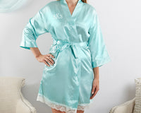 Thumbnail for Elegant Lace Kimono Robe - Aqua (Personalization Available) - Alternate Image 4 | My Wedding Favors