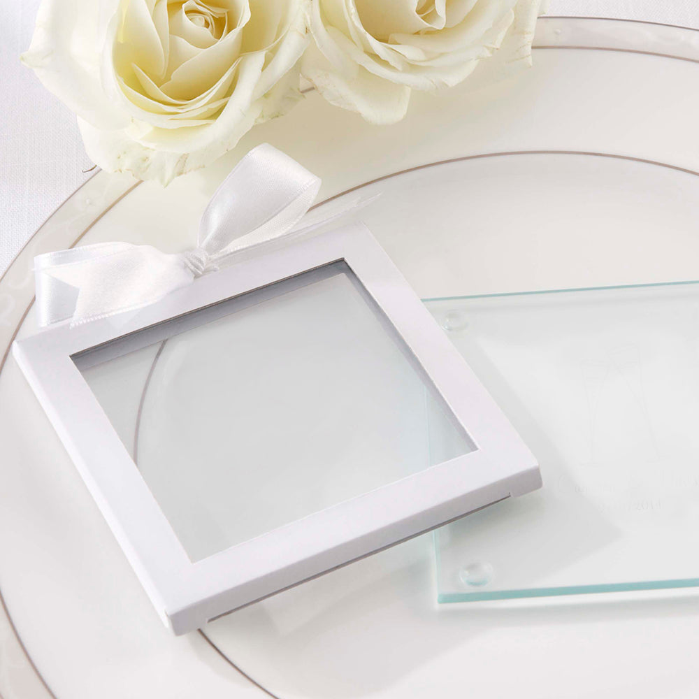 White Glass Coaster Gift Sleeve with Ribbon (Set of 12) - Main Image | My Wedding Favors