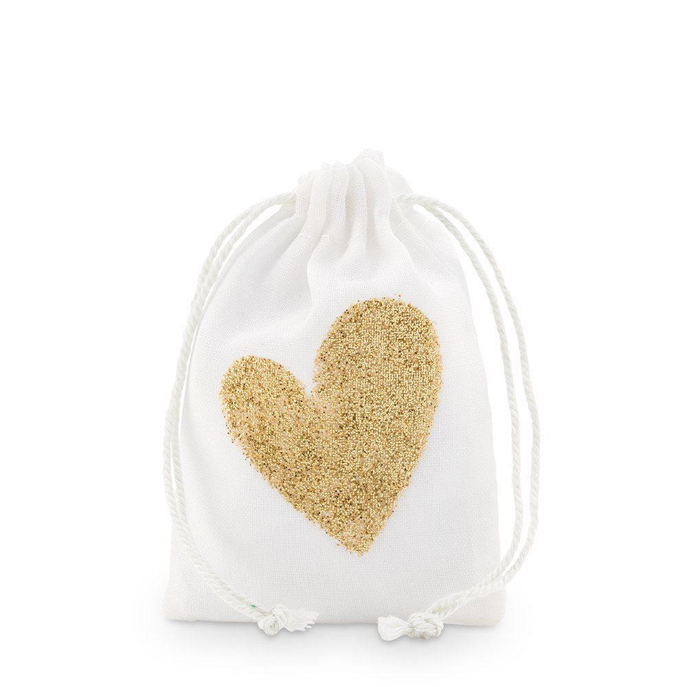 Gold Glitter Heart Muslin Drawstring Favor Bag - Small (Set of 12) - Main Image | My Wedding Favors