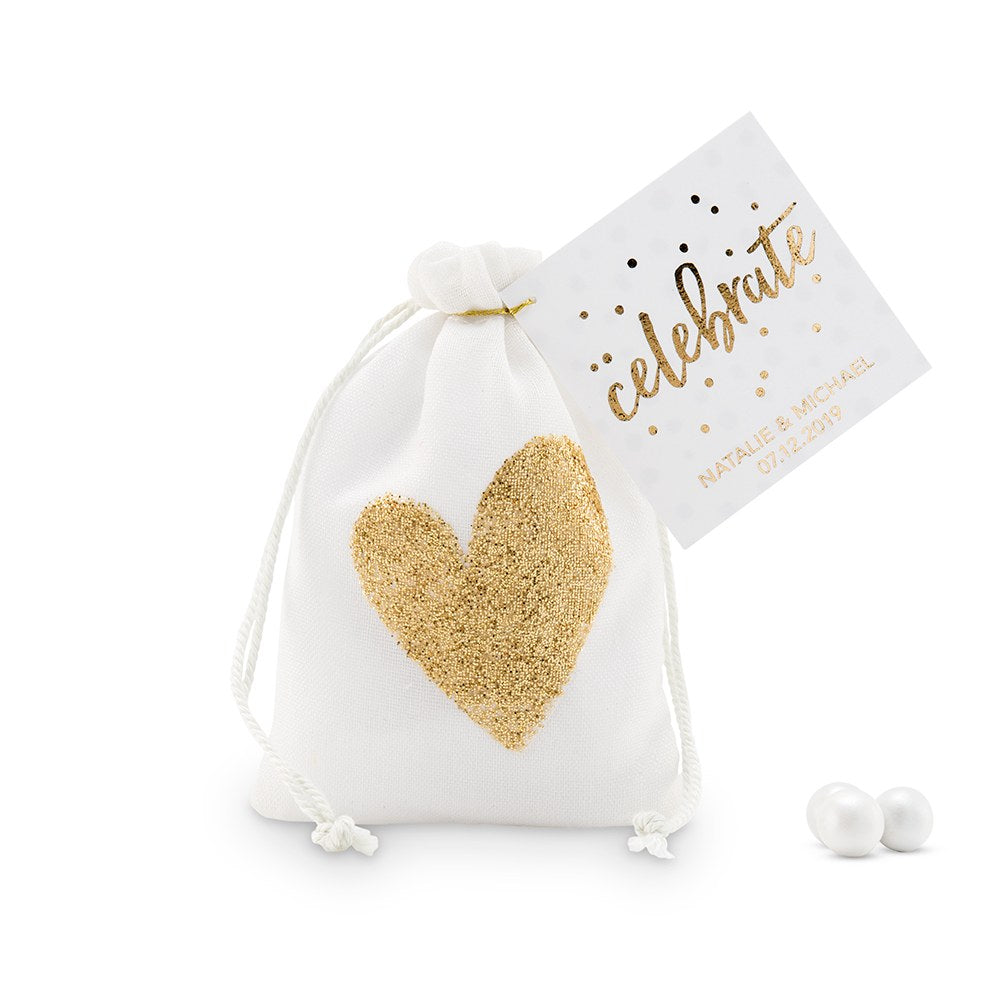Gold Glitter Heart Muslin Drawstring Favor Bag - Small (Set of 12) - Alternate Image 2 | My Wedding Favors