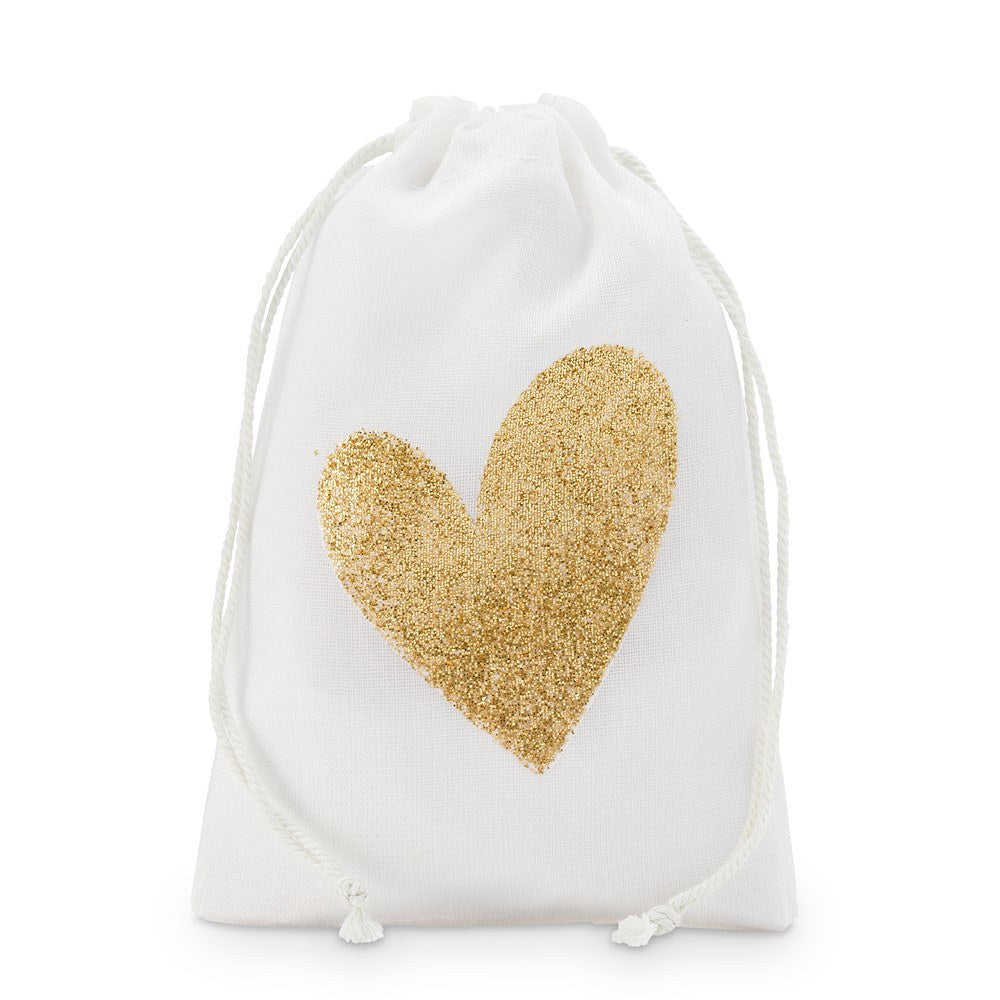 Gold Glitter Heart Muslin Drawstring Favor Bag - Medium (Set of 12) - Main Image | My Wedding Favors
