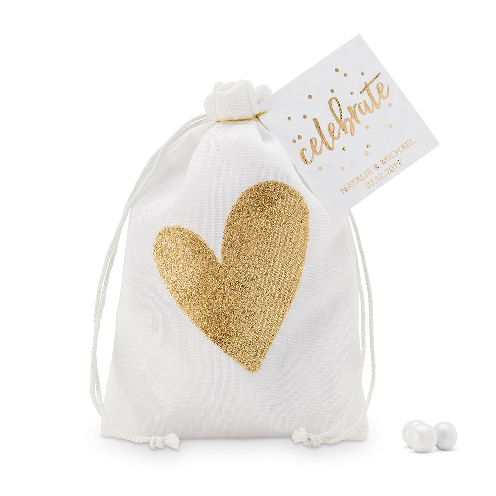 Gold Glitter Heart Muslin Drawstring Favor Bag - Medium (Set of 12) - Alternate Image 2 | My Wedding Favors
