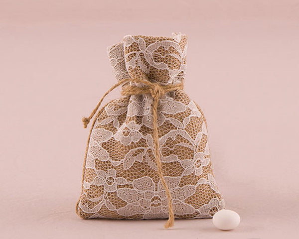 Rustic Burlap And Lace Drawstring Favor Bag (Set of 12) - Main Image | My Wedding Favors