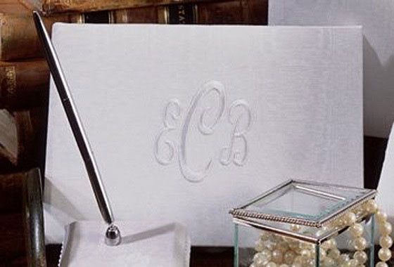 White or Ivory Moire Fabric Monogrammed Guest Book and Pen Set - Main Image | My Wedding Favors
