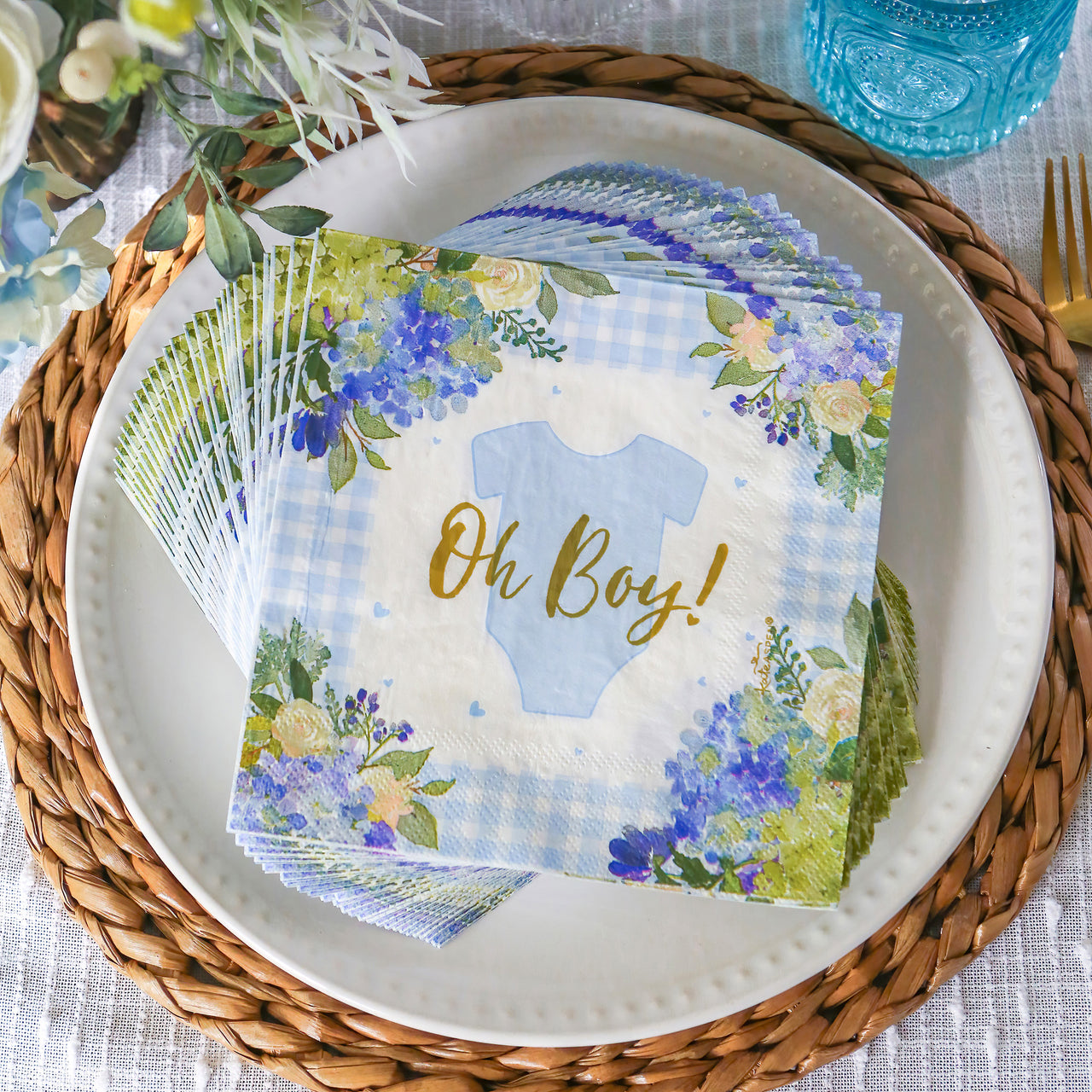 Baby Shower Onesie Floral Tableware Set - Blue