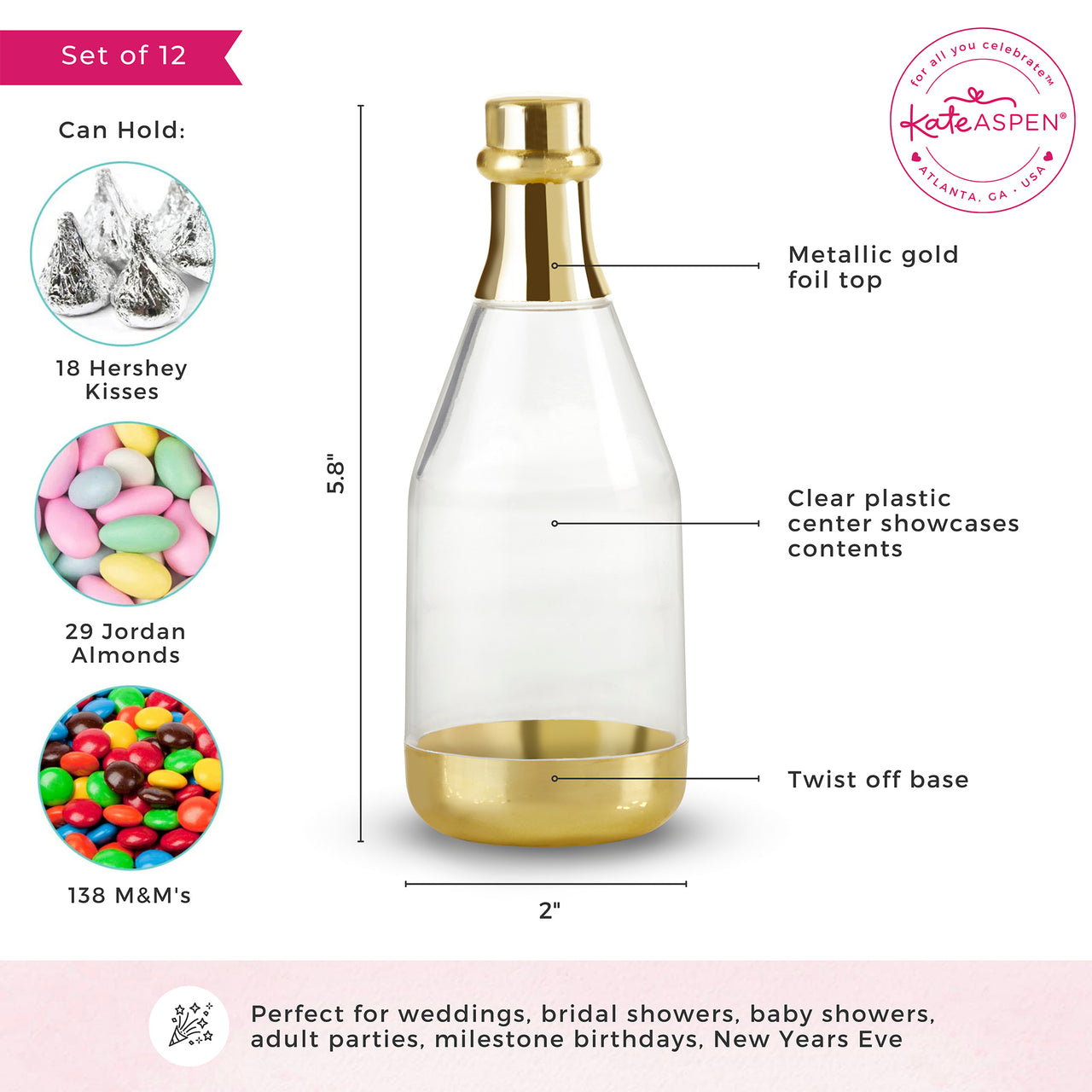Gold Metallic Champagne Bottle Favor Container - Medium (Set of 12)