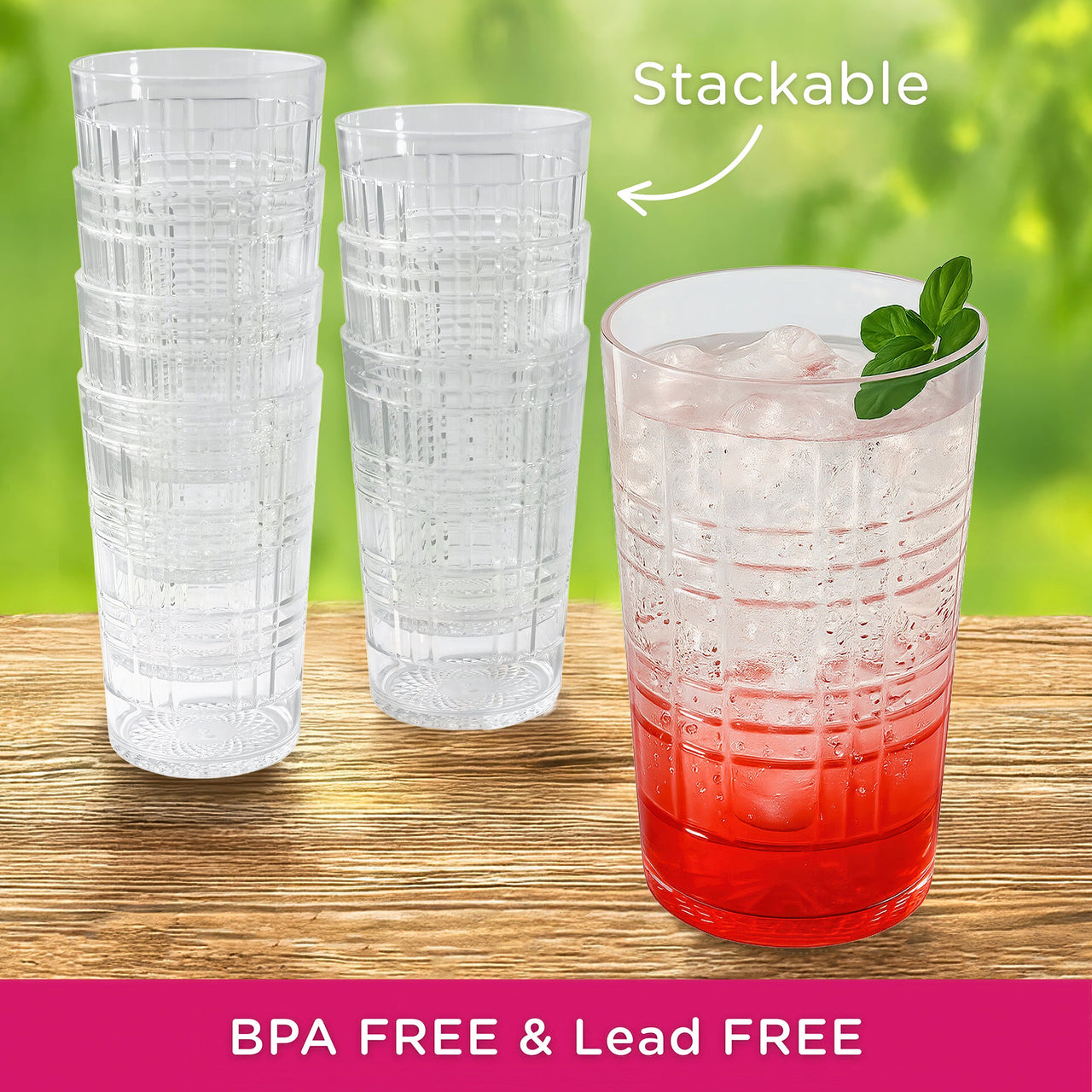 22 oz Plaid Detailed Acrylic Clear Cups, Set of 8