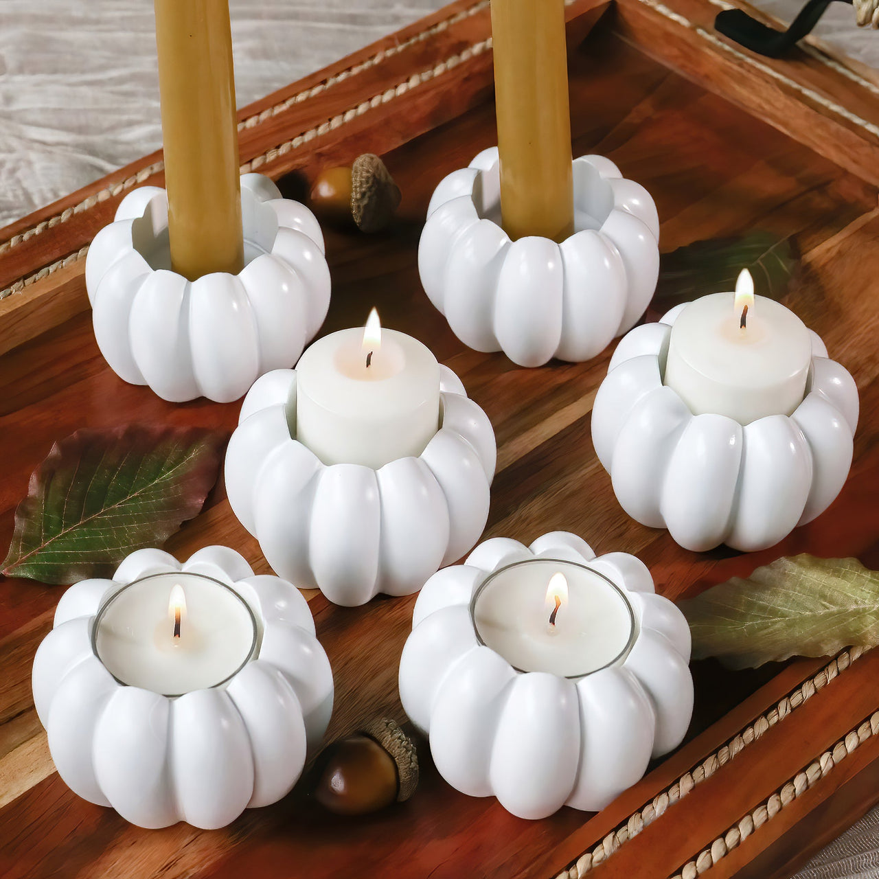 2-in-1 Pumpkin Tealight/Candlestick Holder (Set of 6) - White | My Wedding Favors | Main Image