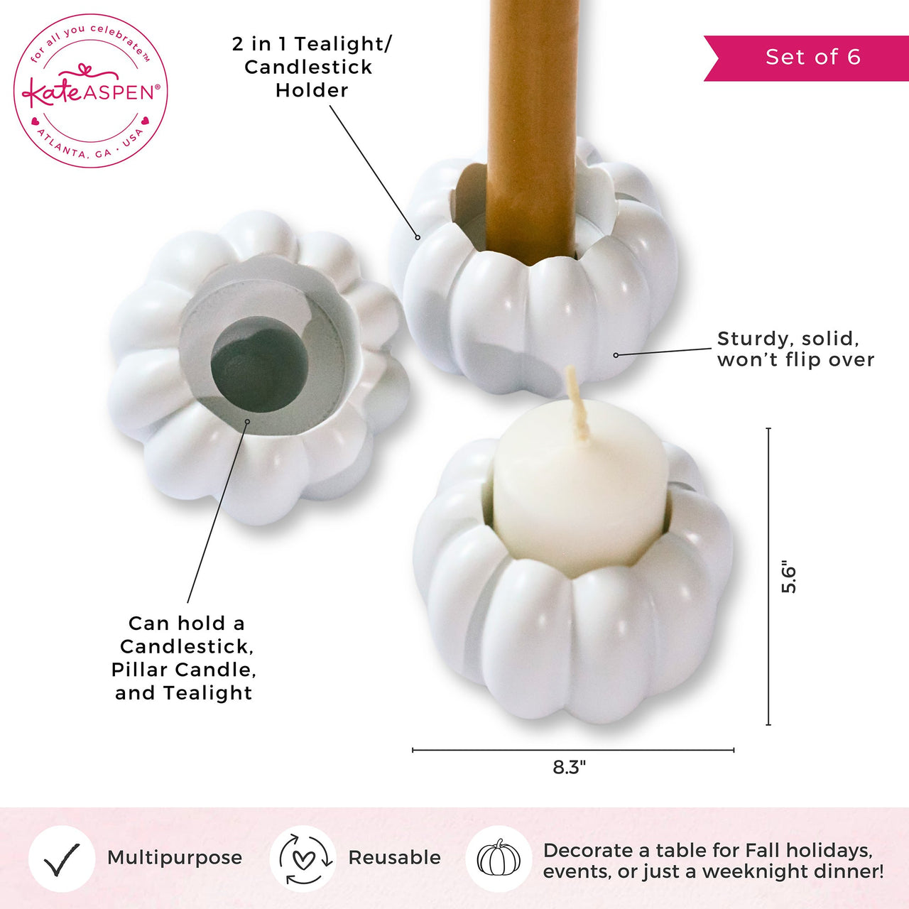 2-in-1 Pumpkin Tealight/Candlestick Holder (Set of 6) - White | My Wedding Favors | Alt Image 6