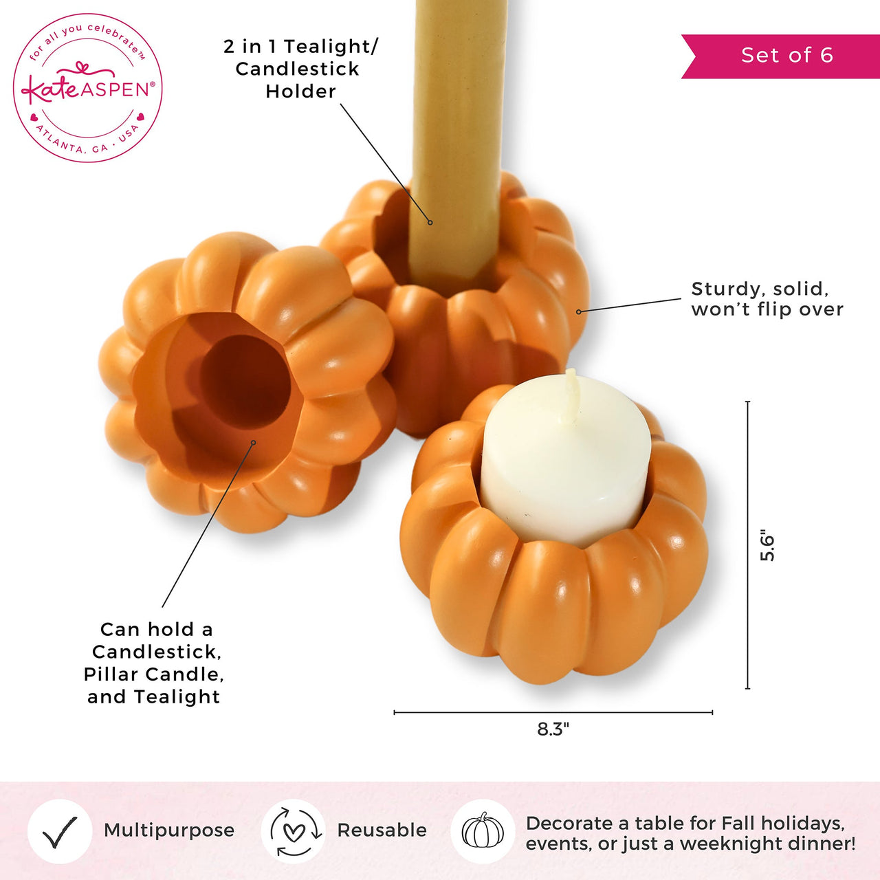 2-in-1 Pumpkin Tealight/Candlestick Holder (Set of 6) - Orange | My Wedding Favors | Alt Image 6