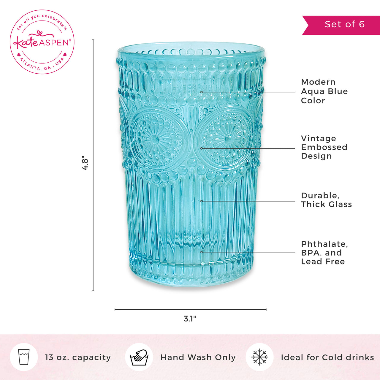 13 oz. Vintage Textured Aqua Drinkware (Set of 6)