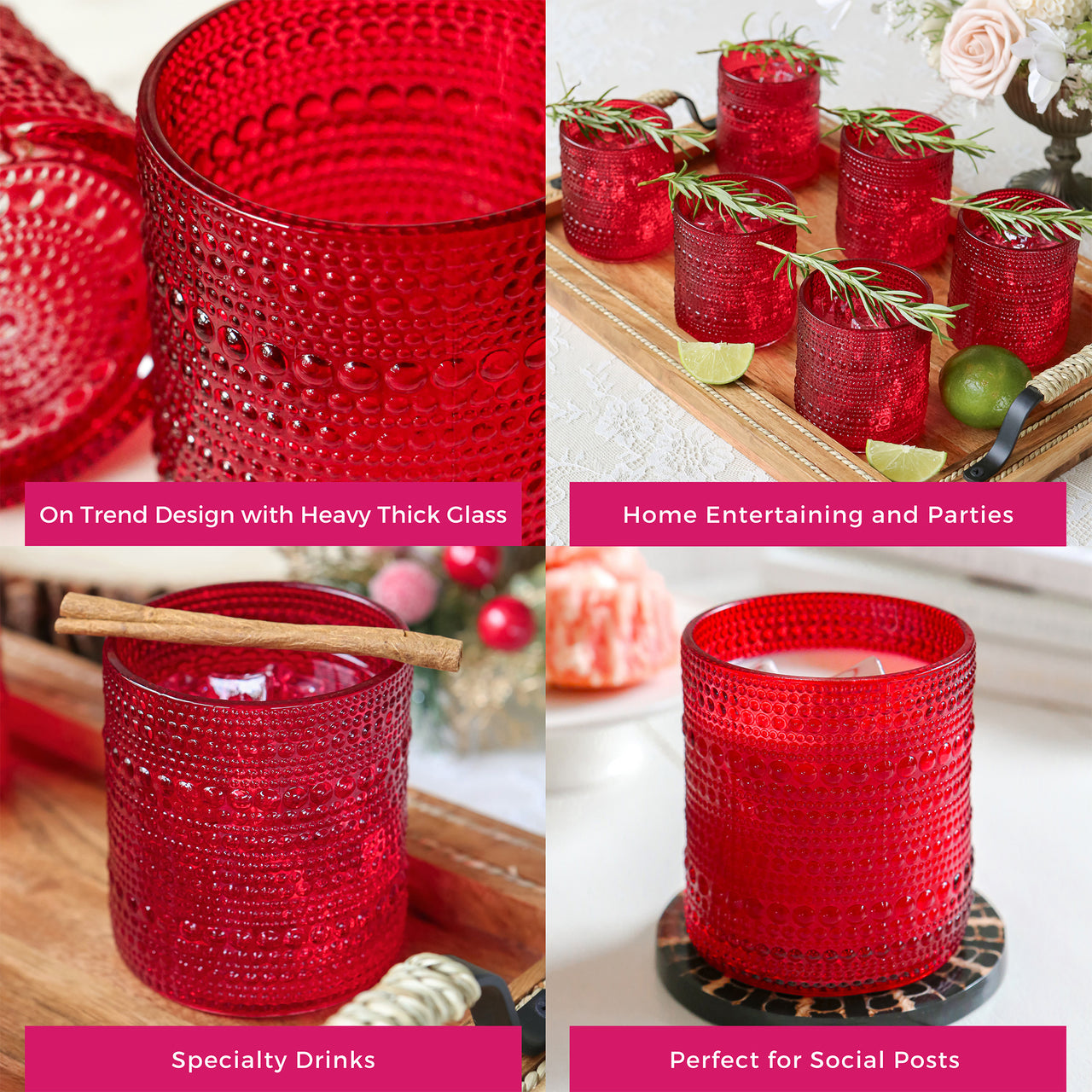 10 oz. Textured Beaded Red Old Fashion Drinking Glasses (Set of 6)