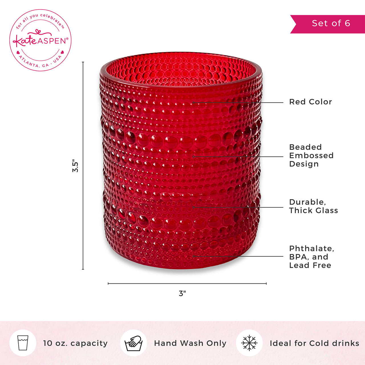 10 oz. Textured Beaded Red Old Fashion Drinking Glasses (Set of 6)