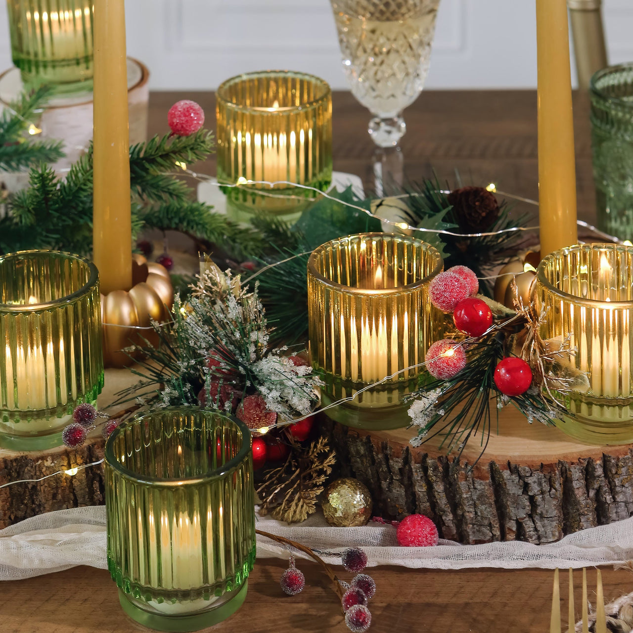 Ribbed Green Glass Votive Candle Holder (Set of 6) | My Wedding Favors | Alt Image 4