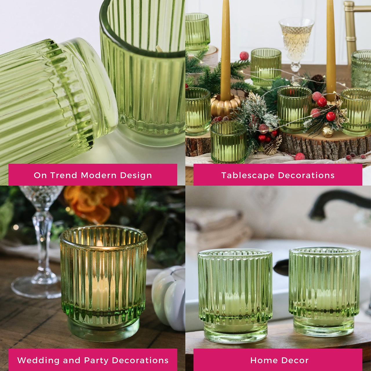 Ribbed Green Glass Votive Candle Holder (Set of 6) | My Wedding Favors | Alt Image 5