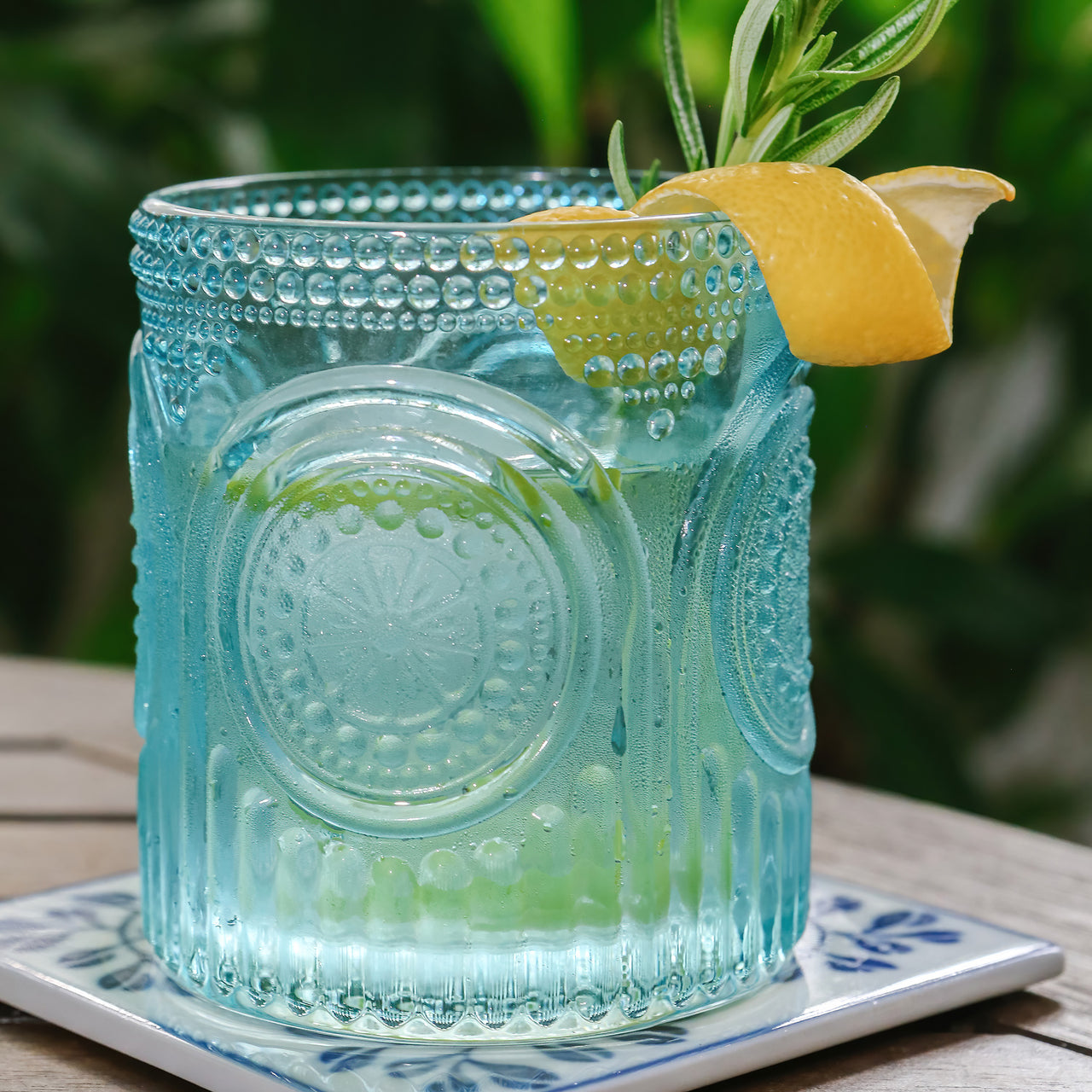 10 oz. Ribbed Retro Arch Floral Blue Drinking Glasses (Set of 6)