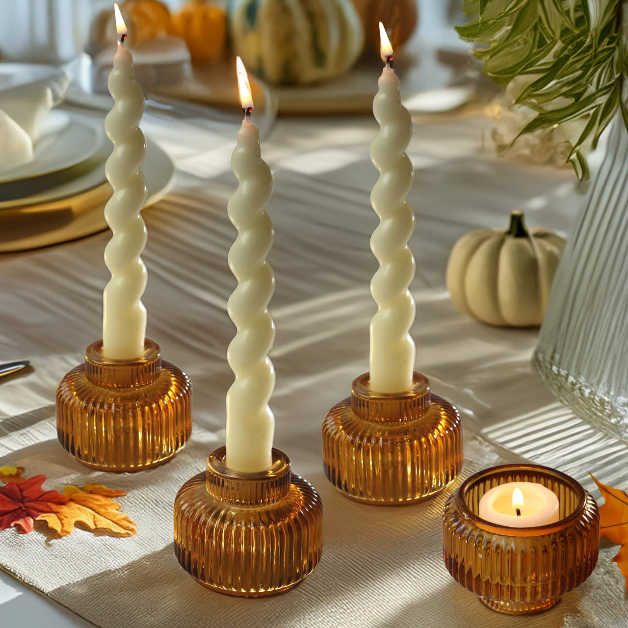 2-In-1 Fluted Amber Glass Taper Candlestick Candle Holders (Set Of 4) | Main Image, My Wedding Favors | Tealight/Votive Holder