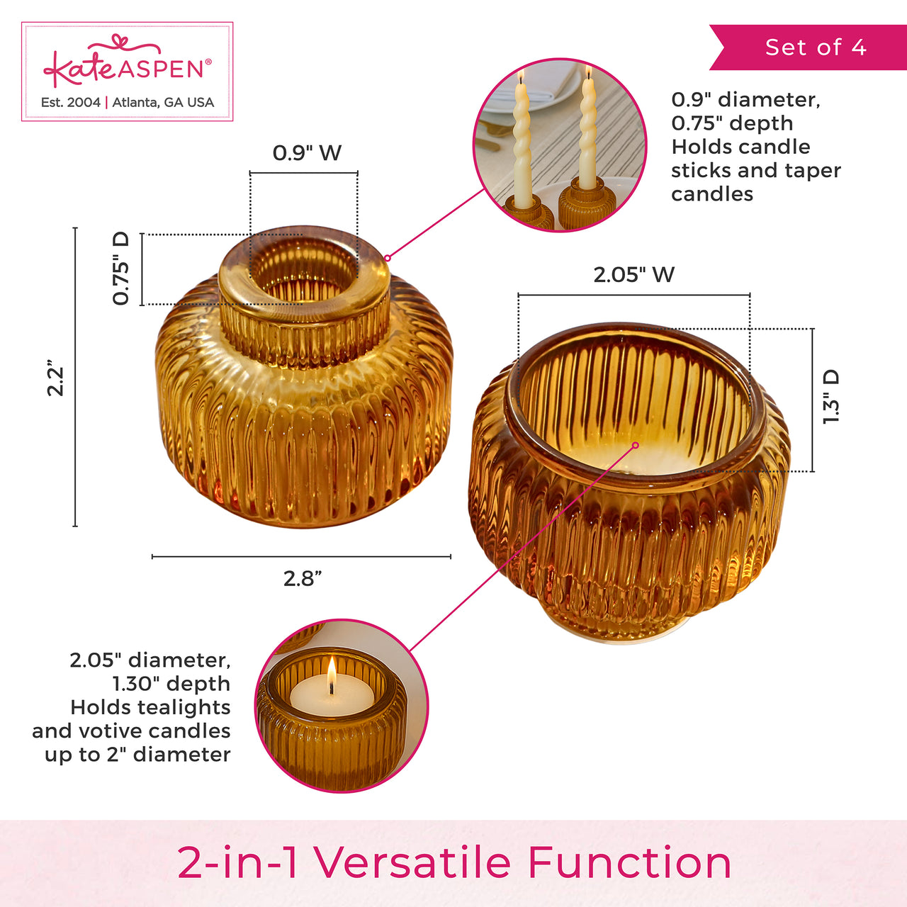 2-In-1 Fluted Amber Glass Taper Candlestick Candle Holders (Set Of 4)