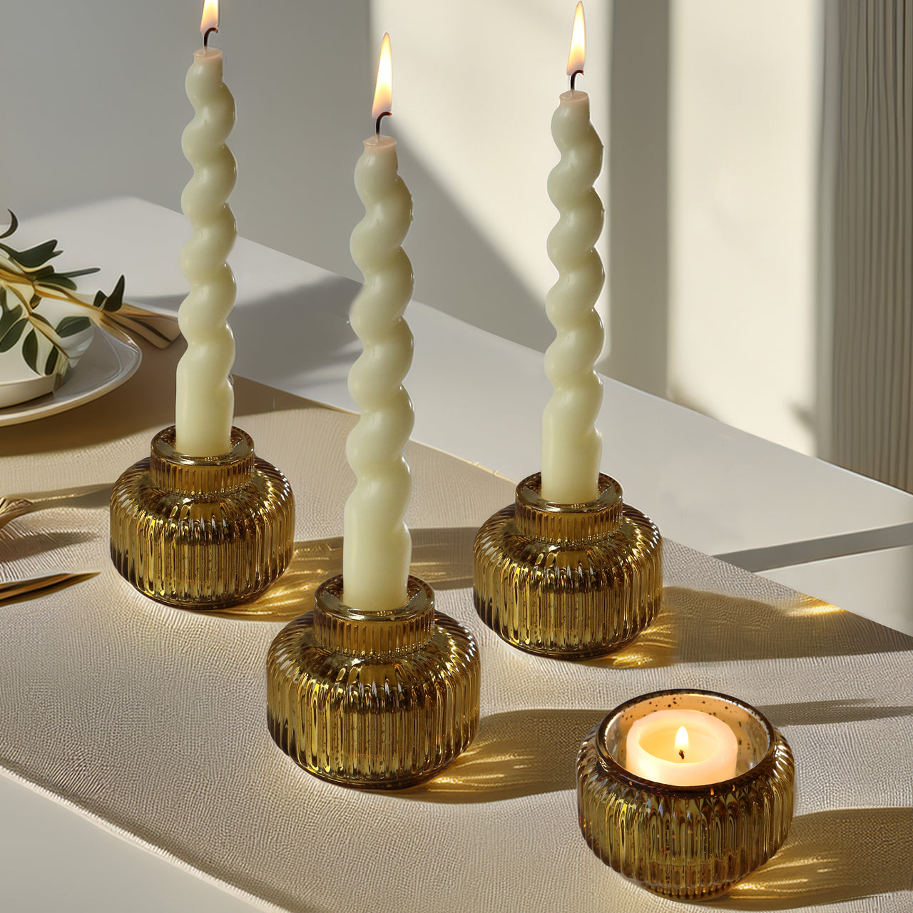 2-In-1 Fluted Gold Glass Taper Candlestick Candle Holders (Set Of 4)