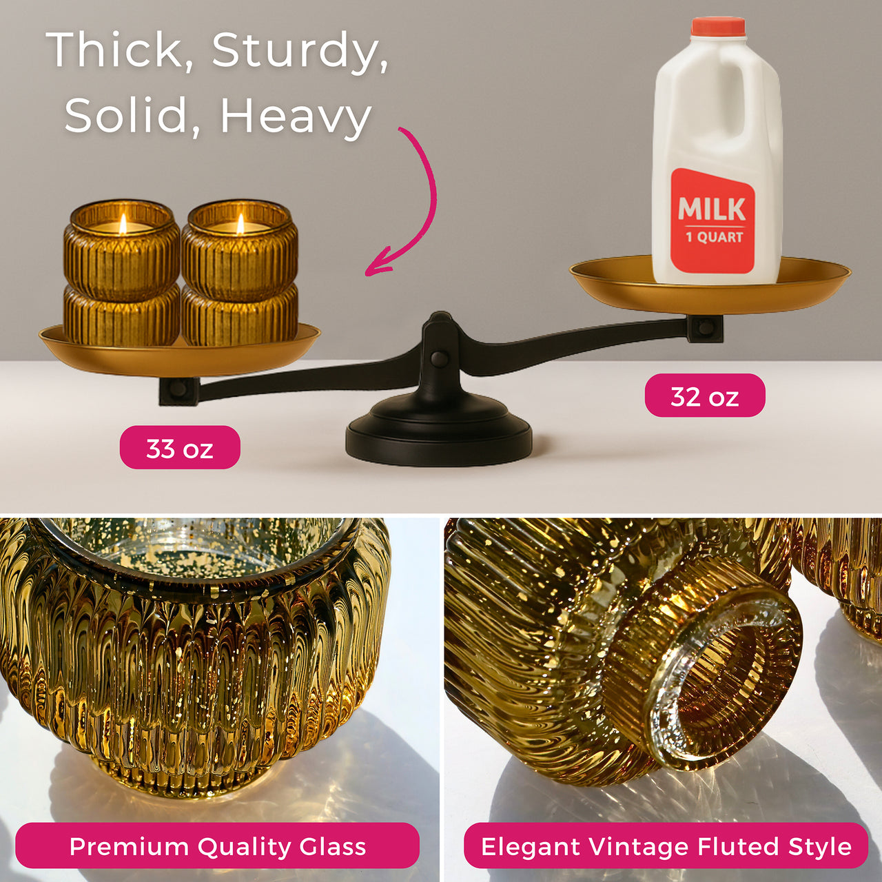 2-In-1 Fluted Gold Glass Taper Candlestick Candle Holders (Set Of 4)