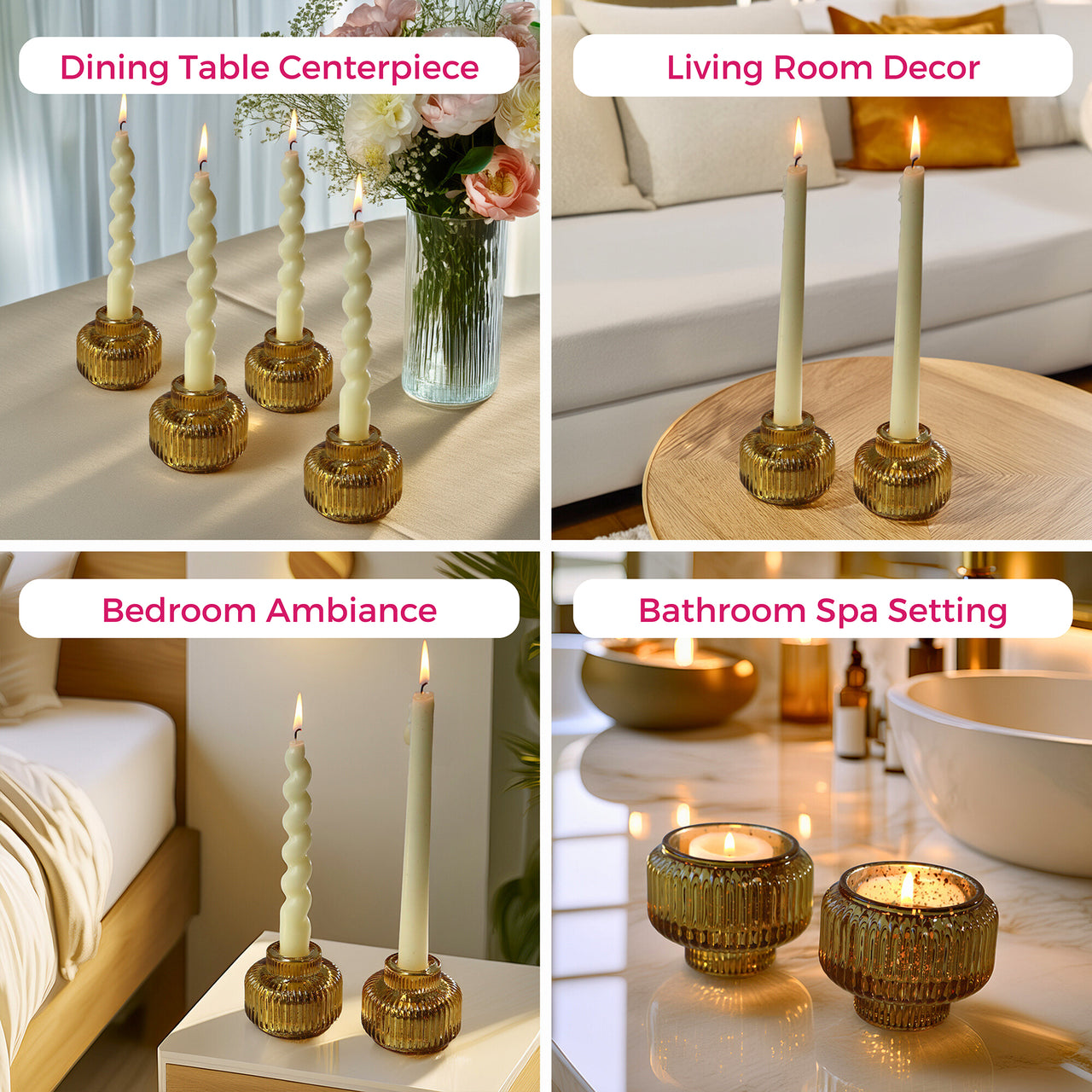 2-In-1 Fluted Gold Glass Taper Candlestick Candle Holders (Set Of 4)