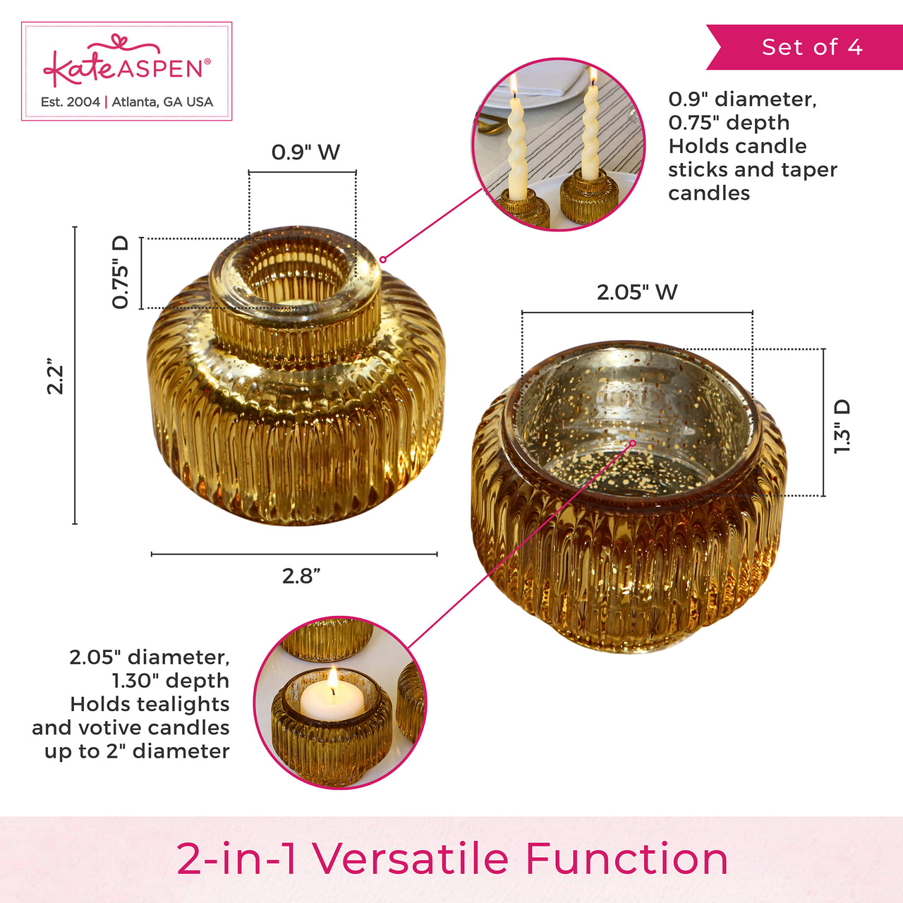 2-In-1 Fluted Gold Glass Taper Candlestick Candle Holders (Set Of 4)