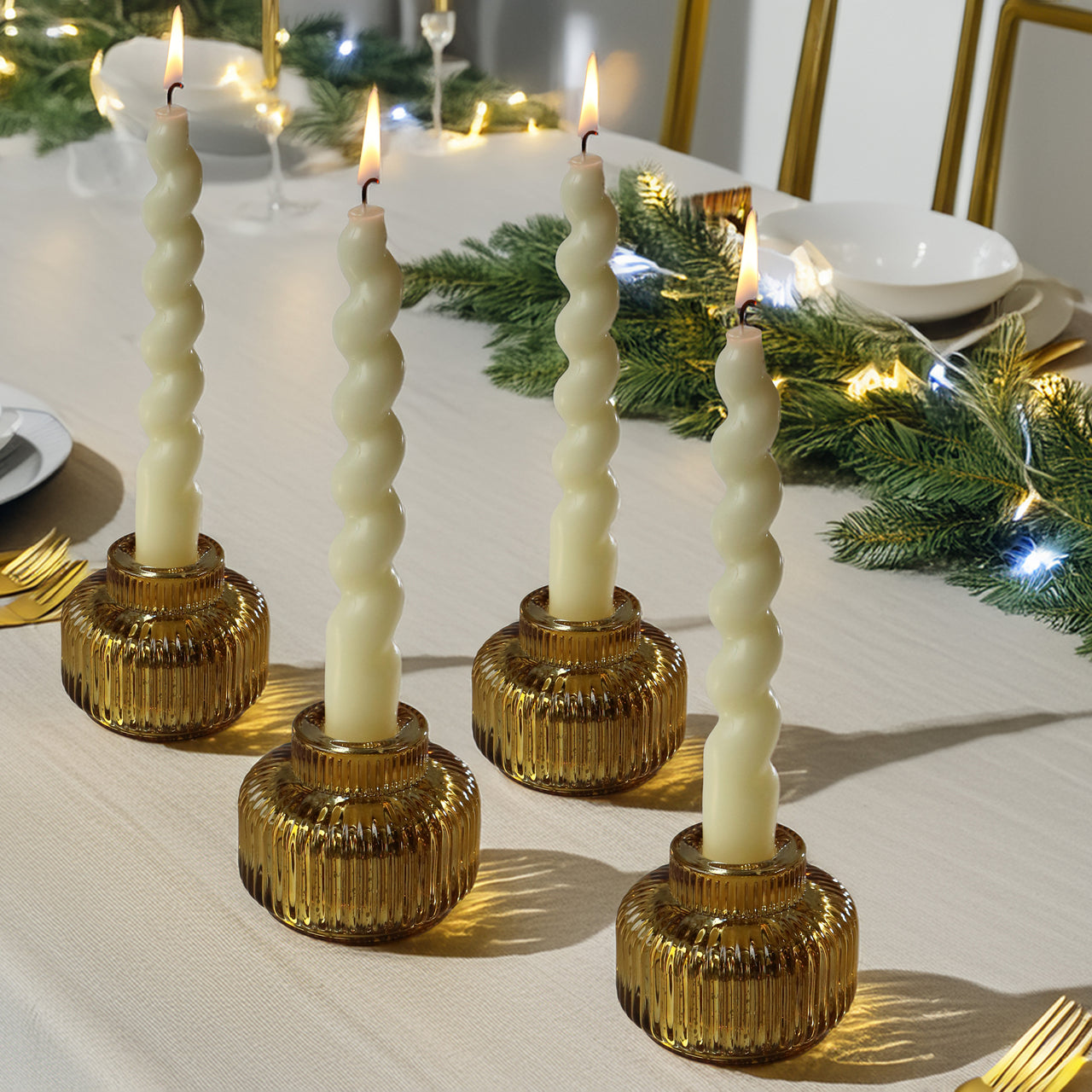 2-In-1 Fluted Gold Glass Taper Candlestick Candle Holders (Set Of 4)