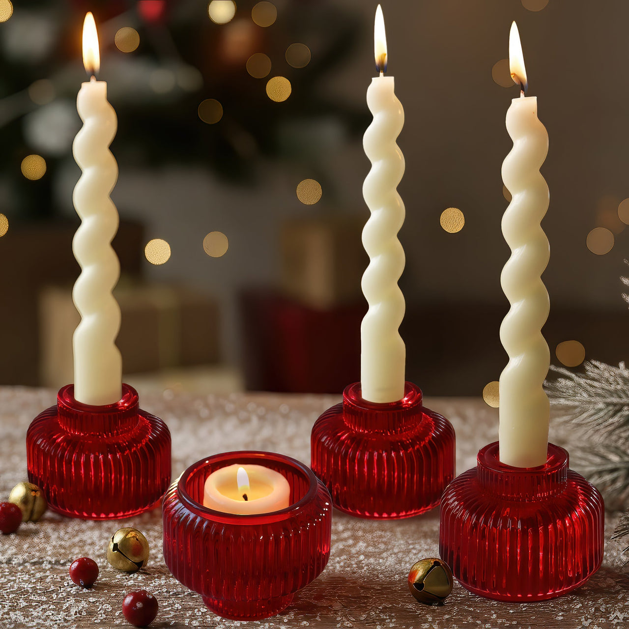 2-In-1 Fluted Red Glass Taper Candlestick Candle Holders (Set Of 4) | Main Image, My Wedding Favors | Tealight/Votive Holder