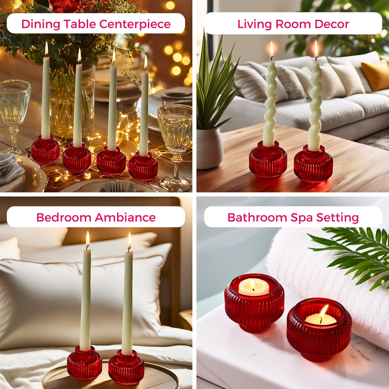 2-In-1 Fluted Red Glass Taper Candlestick Candle Holders (Set Of 4)