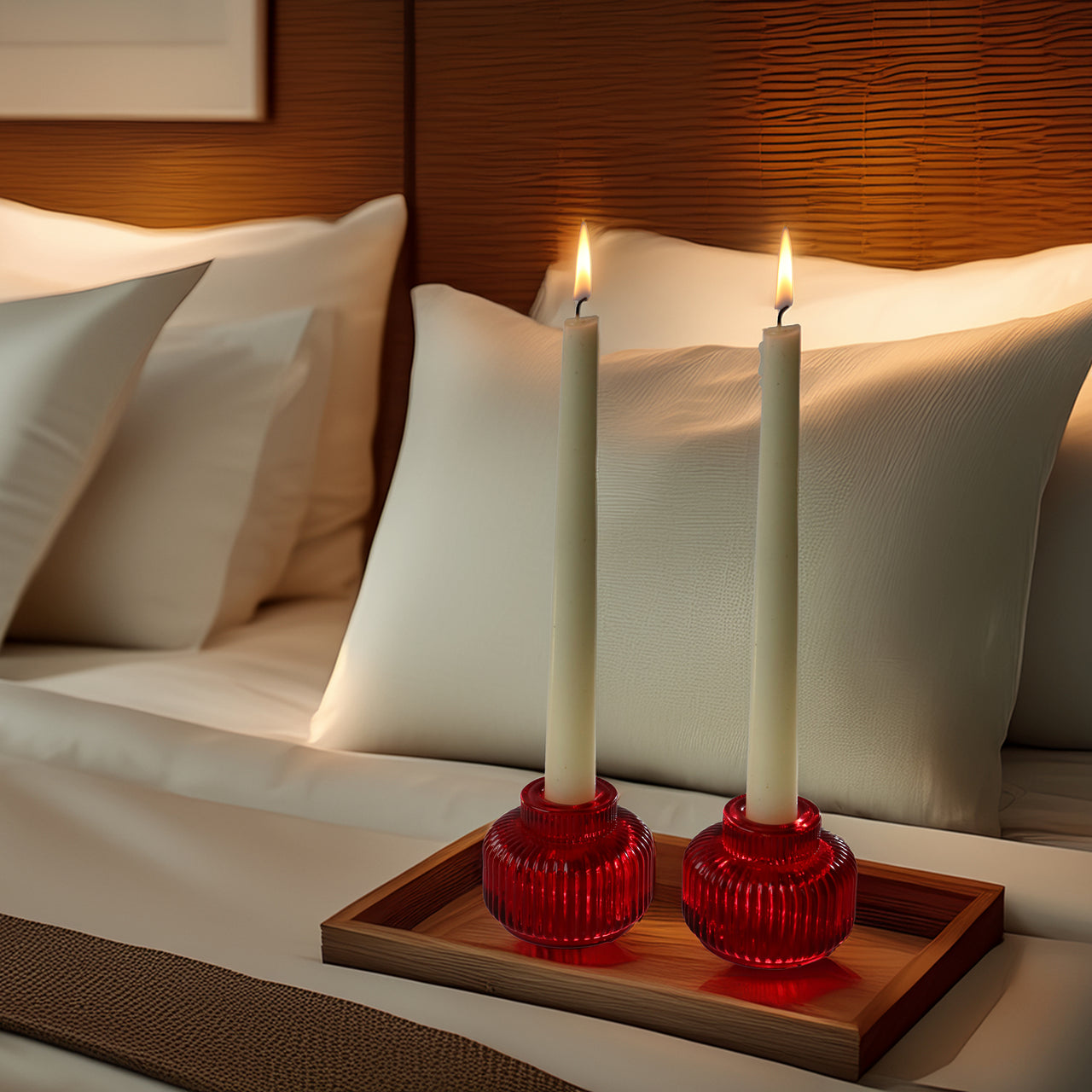 2-In-1 Fluted Red Glass Taper Candlestick Candle Holders (Set Of 4)