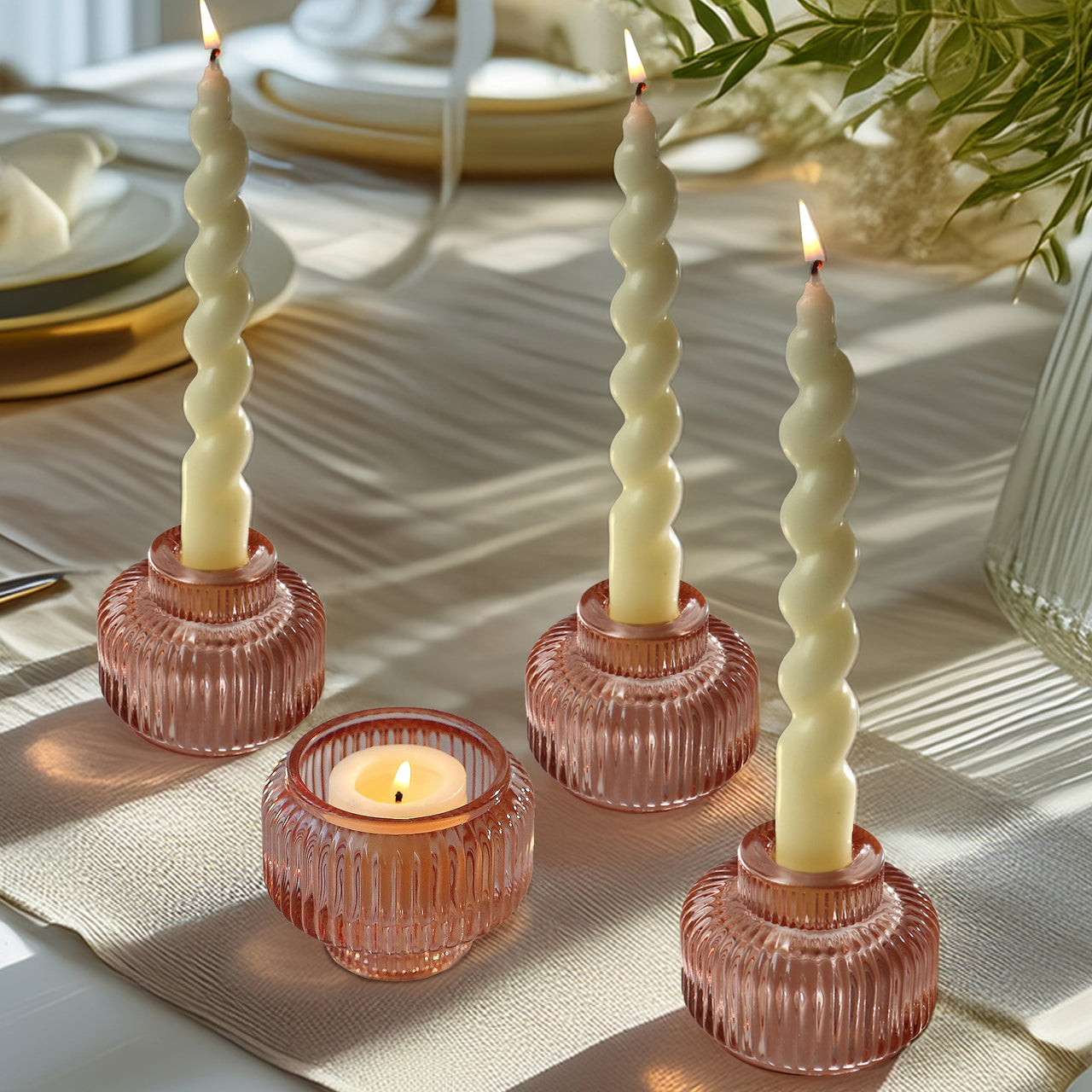 2-In-1 Fluted Rose Gold Glass Taper Candlestick Candle Holders (Set Of 4) | Main Image, My Wedding Favors | Tealight/Votive Holder