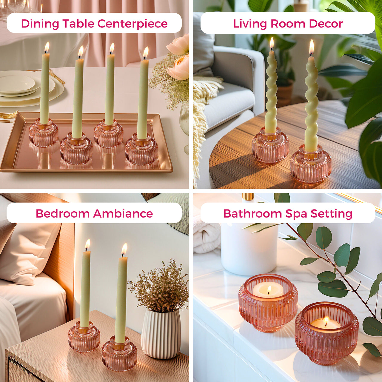 2-In-1 Fluted Rose Gold Glass Taper Candlestick Candle Holders (Set Of 4)