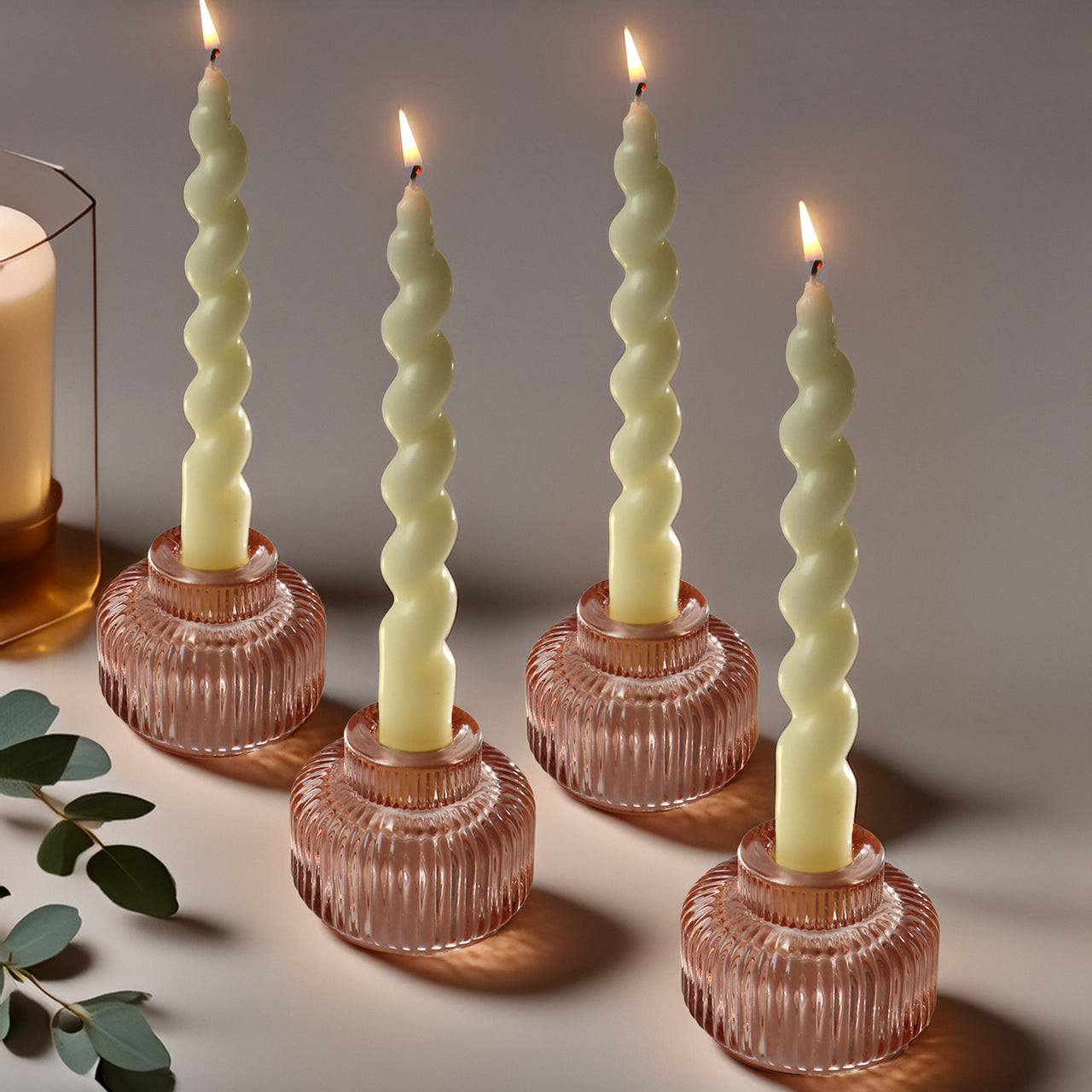 2-In-1 Fluted Rose Gold Glass Taper Candlestick Candle Holders (Set Of 4)