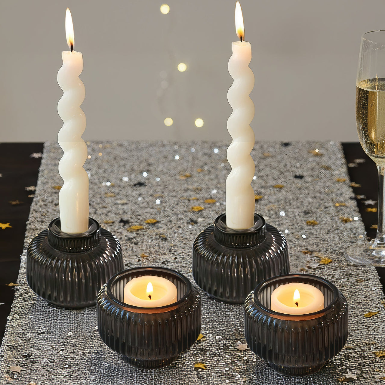 2-In-1 Fluted Smoke Grey Glass Taper Candlestick Candle Holders (Set Of 4) | Main Image, My Wedding Favors | Tealight/Votive Holder