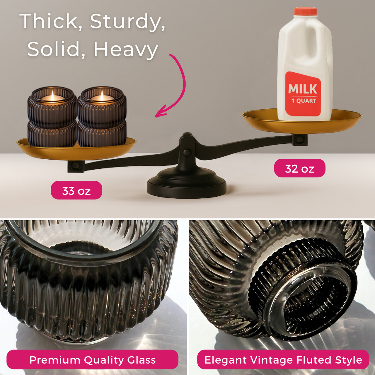 2-In-1 Fluted Smoke Grey Glass Taper Candlestick Candle Holders (Set Of 4)