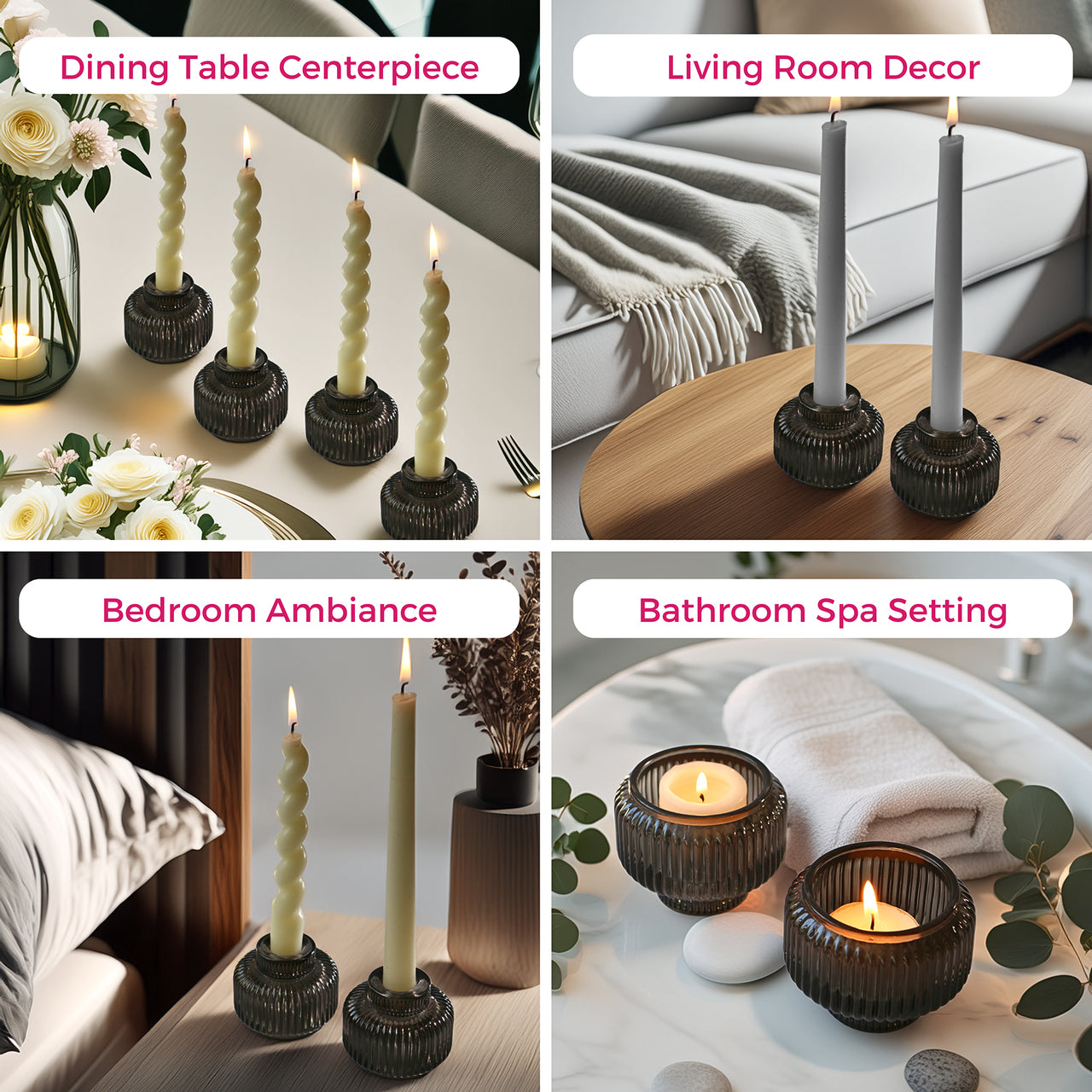 2-In-1 Fluted Smoke Grey Glass Taper Candlestick Candle Holders (Set Of 4)