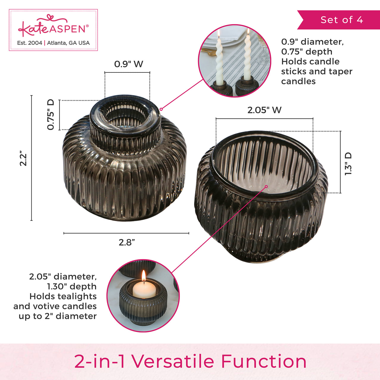 2-In-1 Fluted Smoke Grey Glass Taper Candlestick Candle Holders (Set Of 4)