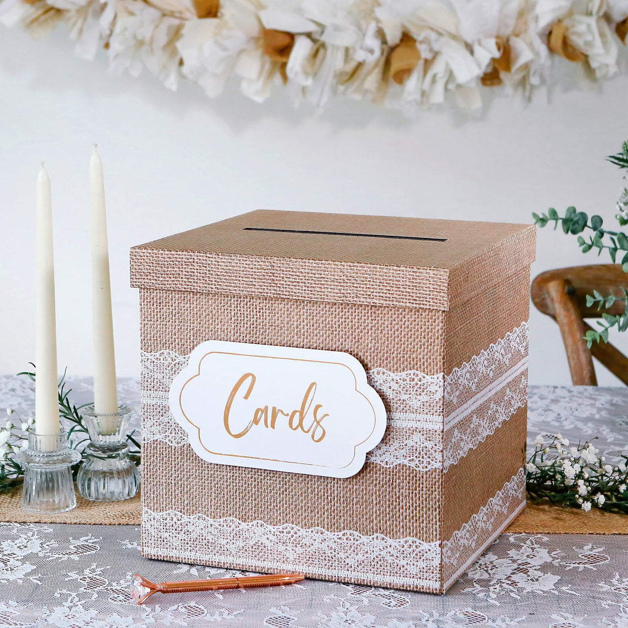 Rustic Elegance Wedding and Party Card Box - Burlap and Lace Main Image, MWF | Card Box