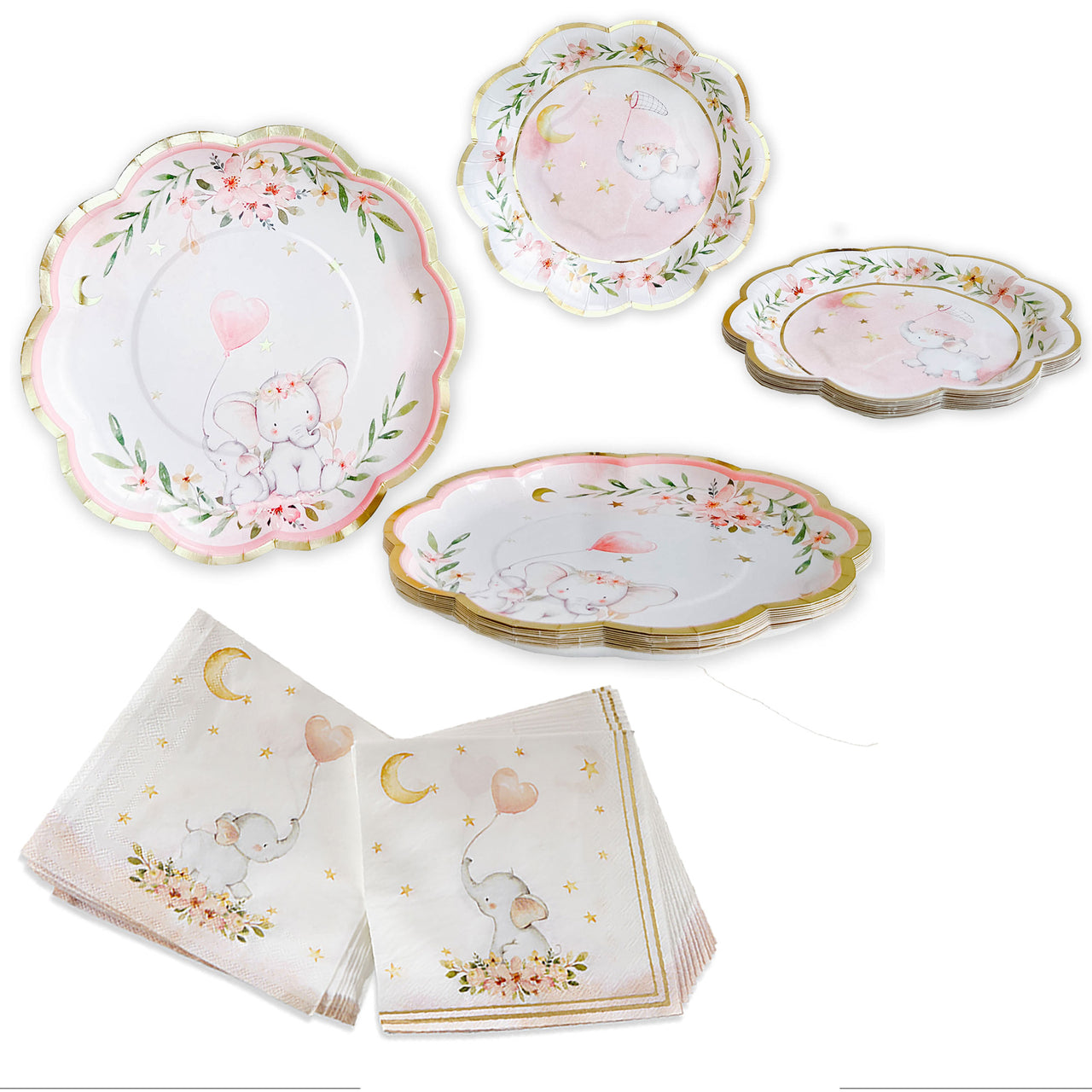 Pink Elephant Baby Shower 62 Piece Party Tableware Set (16 Guests) - Main Image | My Wedding Favors