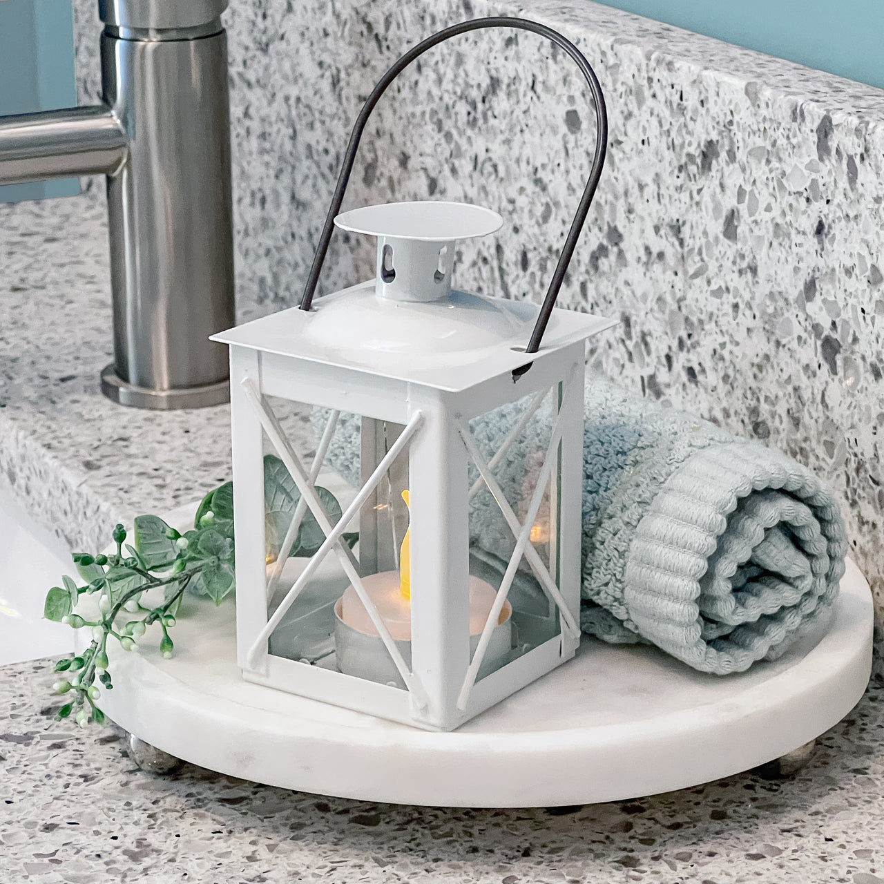 Luminous Distressed White Mini-Lantern Tea Light Holder - Main Image | My Wedding Favors