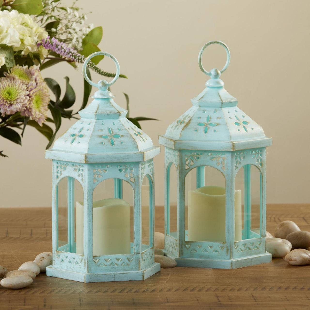 LED Blue Hexagon Distressed Lantern (Set of 2) - Main Image | My Wedding Favors