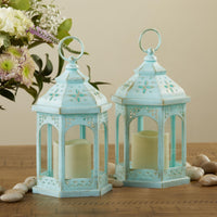Thumbnail for LED Blue Hexagon Distressed Lantern (Set of 2) - Main Image | My Wedding Favors