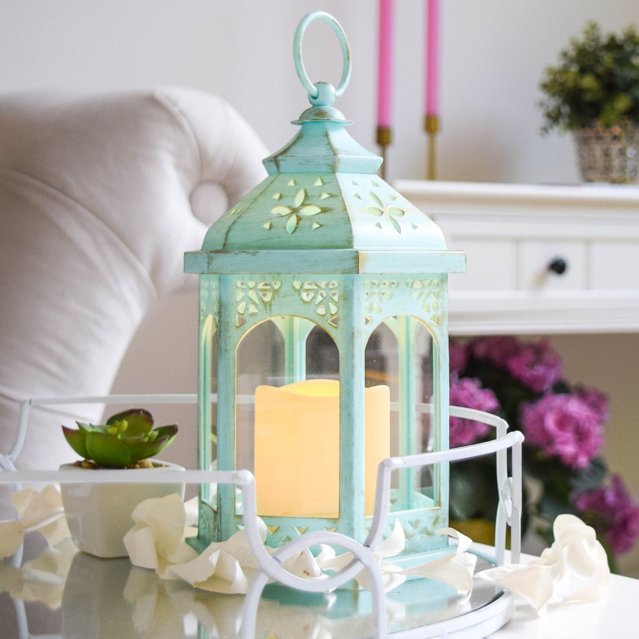 LED Blue Hexagon Distressed Lantern (Set of 2) - Alternate Image 2 | My Wedding Favors