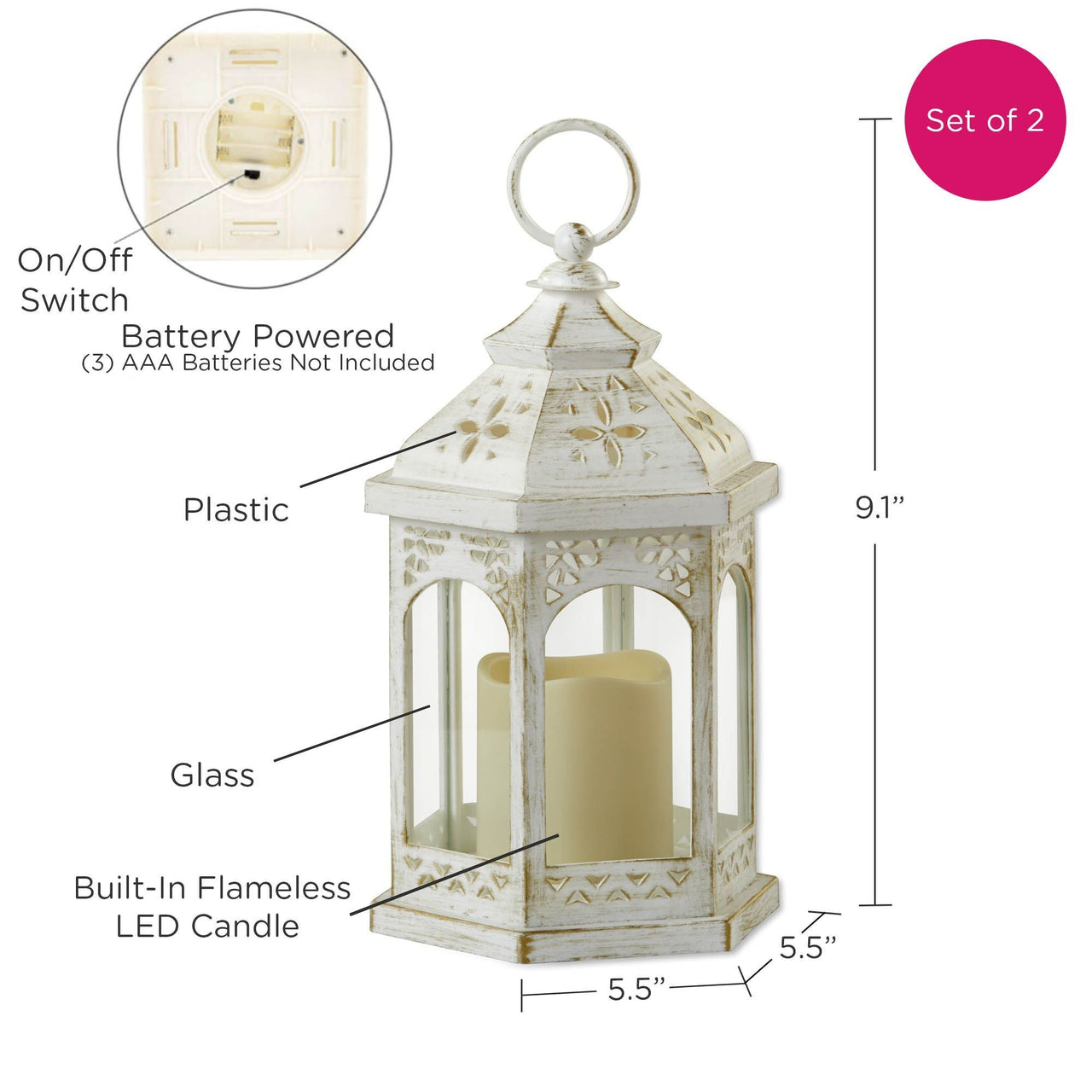 LED White Hexagon Distressed Lantern (Set of 2) - Alternate Image 6 | My Wedding Favors