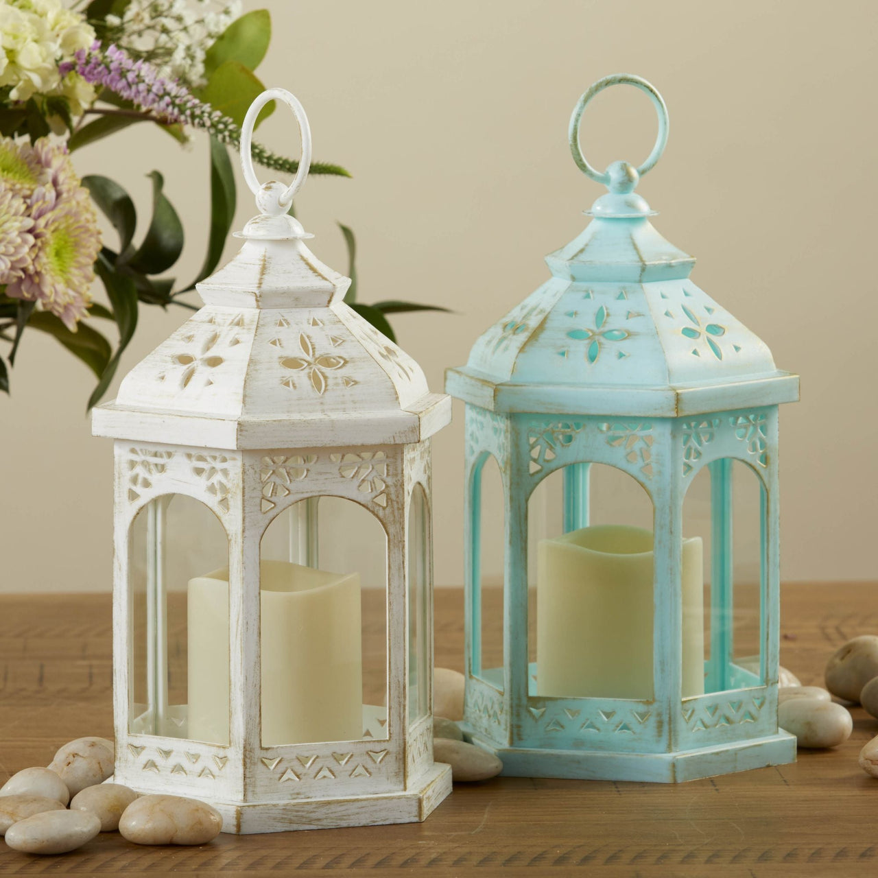LED White Hexagon Distressed Lantern (Set of 2) - Alternate Image 7 | My Wedding Favors